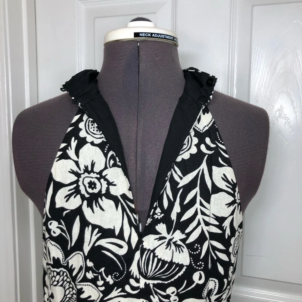 Maggy London Linen Blend Black Cream Floral Halter Pockets Lined Midi Dress 10 - Picture 8 of 16